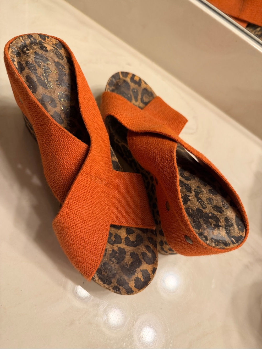 Attention VOLS fans. Women's Orange Leopard-Insole Crossband Heels